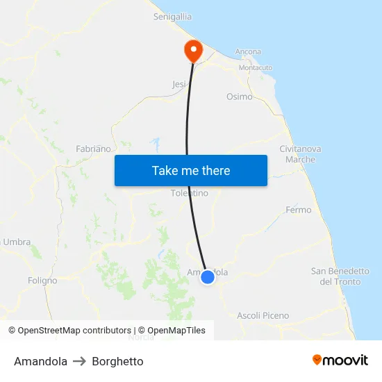 Amandola to Borghetto map