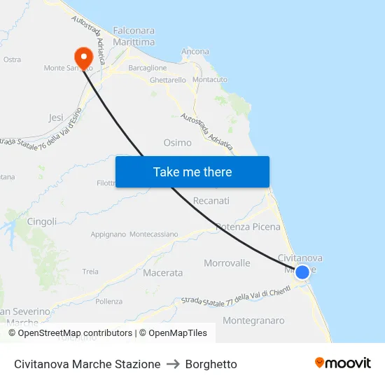 Civitanova Marche Station to Borghetto map
