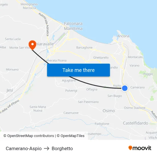 Camerano-Aspio to Borghetto map