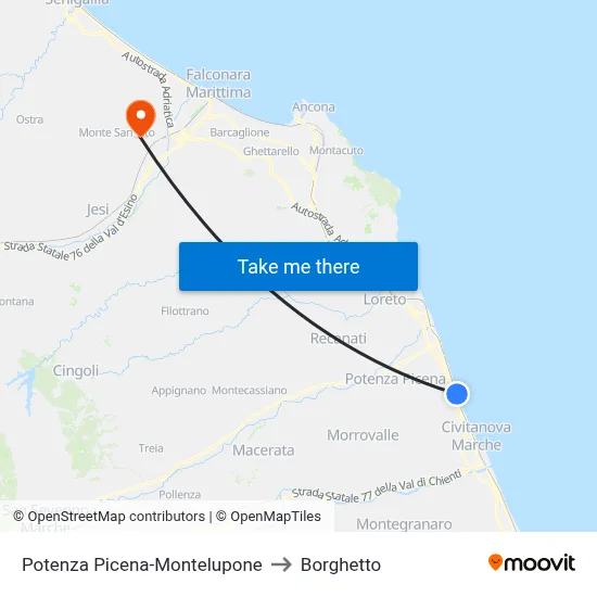 Potenza Picena-Montelupone to Borghetto map