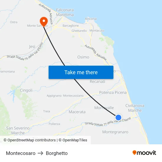 Montecosaro to Borghetto map