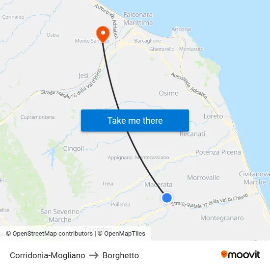 Corridonia-Mogliano to Borghetto map