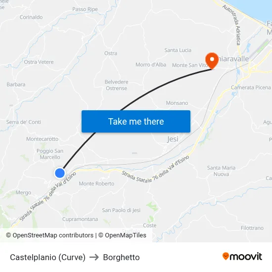 Castelplanio (Curves) to Borghetto map
