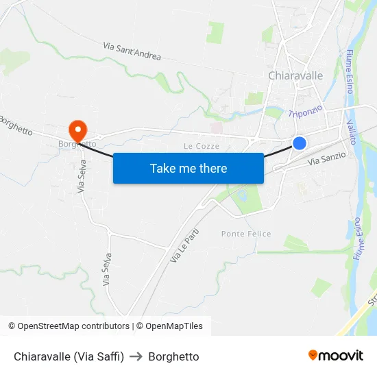 Chiaravalle (Saffi Street) to Borghetto map