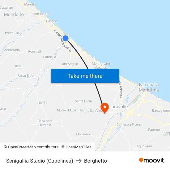 Senigallia Stadium (Terminal) to Borghetto map