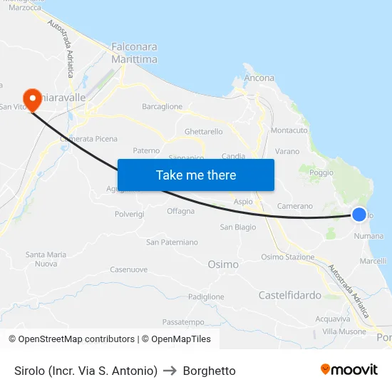 Sirolo (Sant'Antonio Street Junction) to Borghetto map