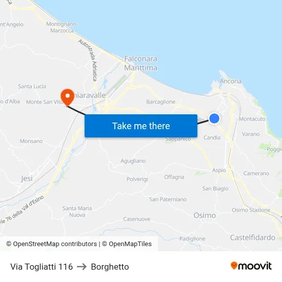 Via Togliatti 116 to Borghetto map