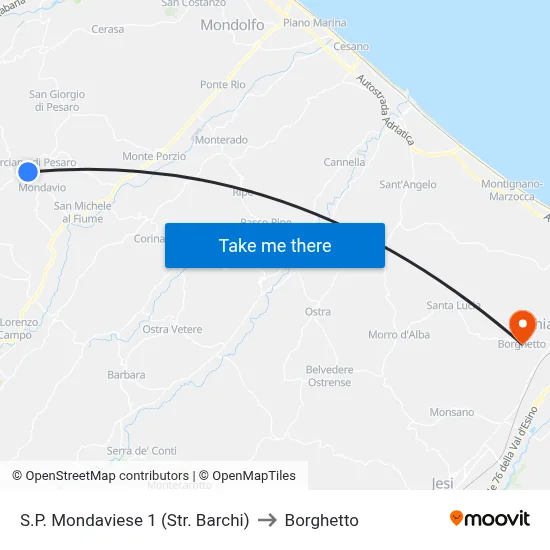 Mondaviese Provincial Road 1 (Barchi Road) to Borghetto map