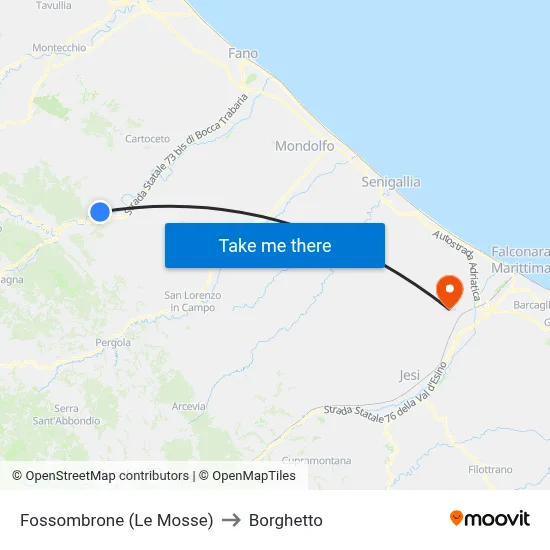 Fossombrone (Le Mosse) to Borghetto map