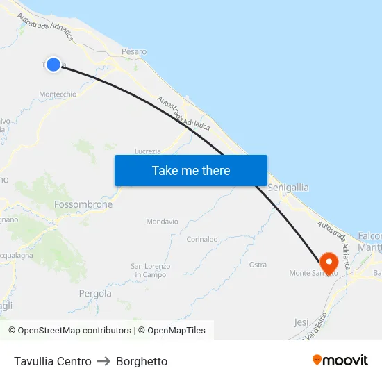 Tavullia Center to Borghetto map