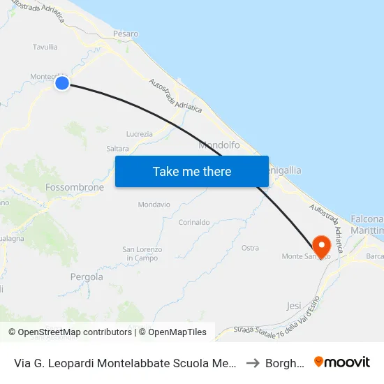Via G. Leopardi Montelabbate Rossini Middle School to Borghetto map