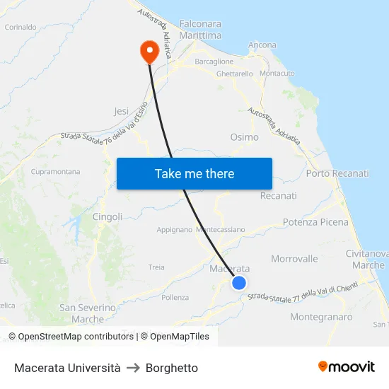 Macerata University to Borghetto map