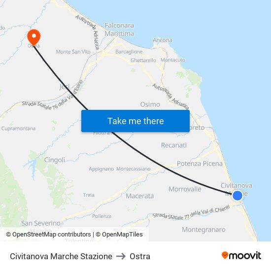 Civitanova Marche Stazione to Ostra map