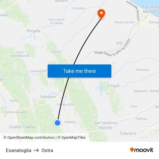 Esanatoglia to Ostra map