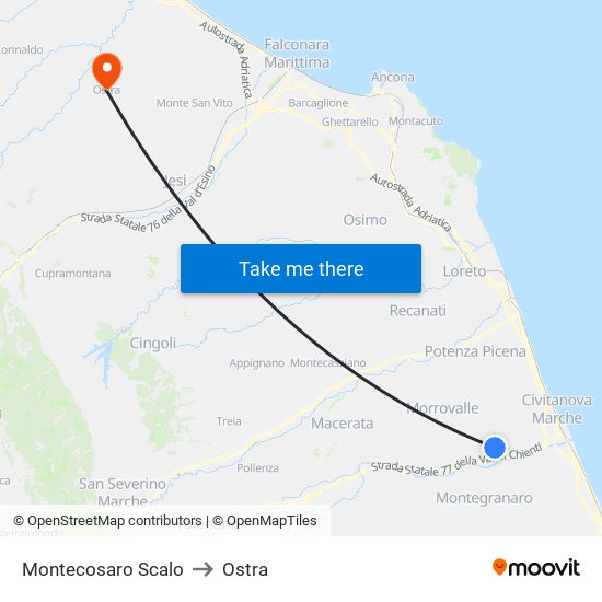 Montecosaro Scalo to Ostra map