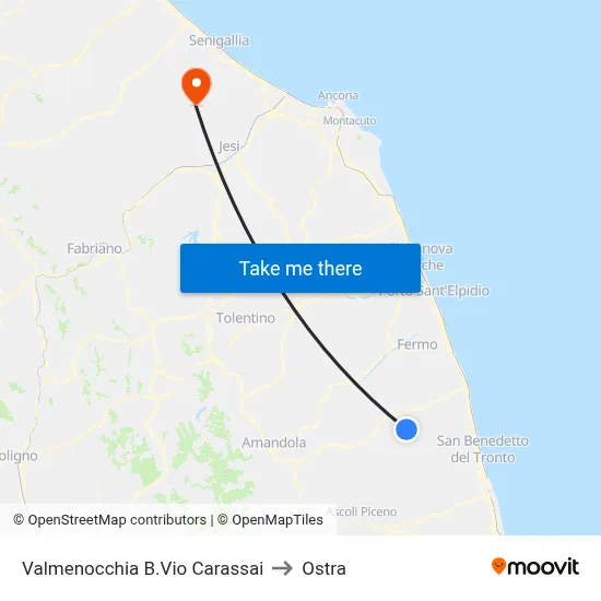 Valmenocchia Carassai Junction to Ostra map