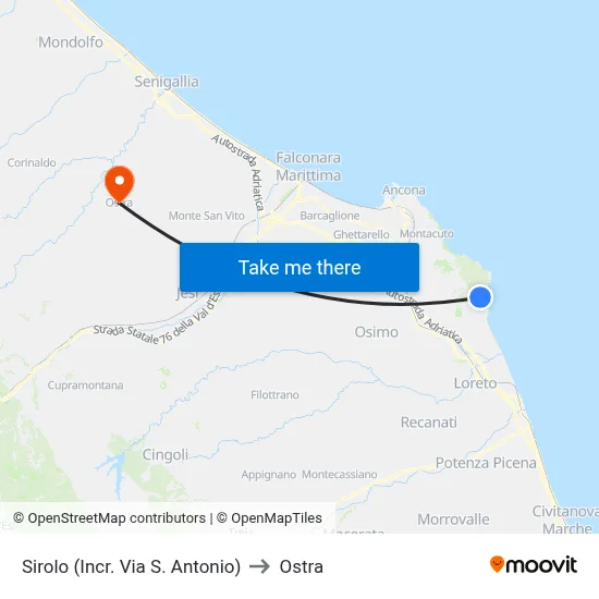 Sirolo (Sant'Antonio Street Junction) to Ostra map
