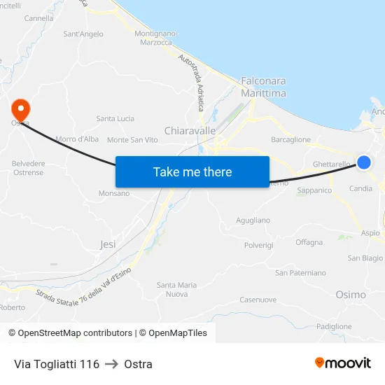 Via Togliatti 116 to Ostra map