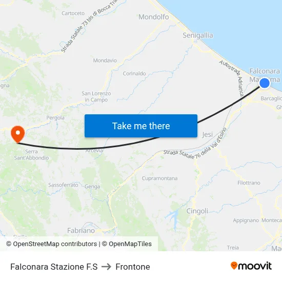 Falconara Train Station to Frontone map