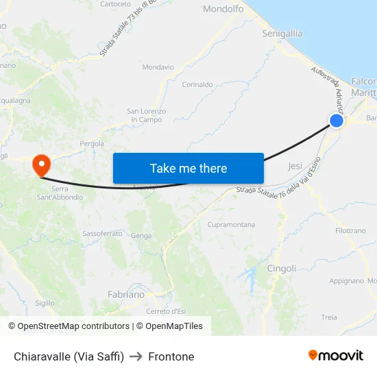 Chiaravalle (Saffi Street) to Frontone map