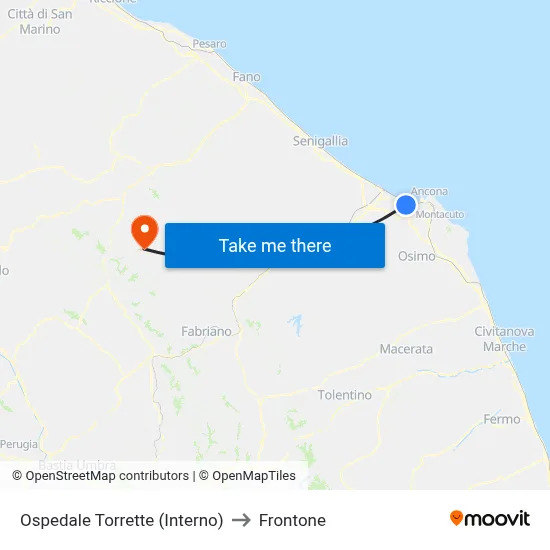 Torrette Hospital (Interior) to Frontone map