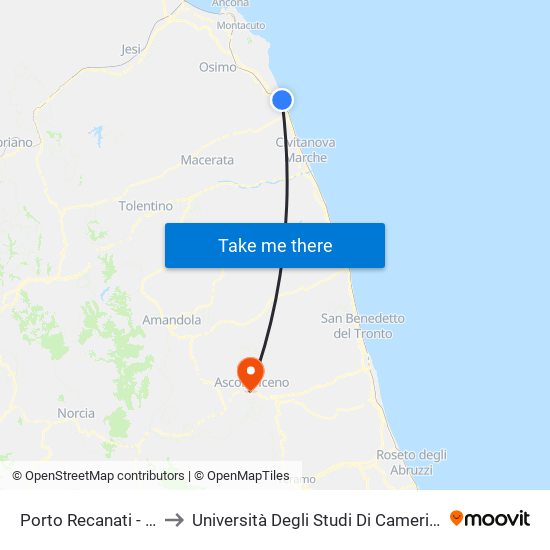 Porto Recanati - Bivio Scossicci to Università Degli Studi Di Camerino - Facoltà Di Architettura map