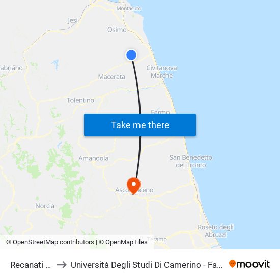 Recanati - I.T.I.S. to Università Degli Studi Di Camerino - Facoltà Di Architettura map