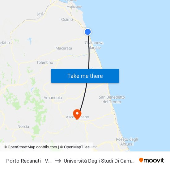 Porto Recanati - Via Salvo D'Acquisto to Università Degli Studi Di Camerino - Facoltà Di Architettura map