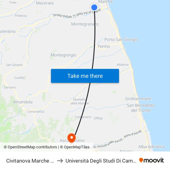 Civitanova Marche - Strada Statale Corri to Università Degli Studi Di Camerino - Facoltà Di Architettura map