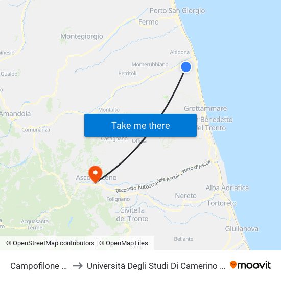 Campofilone Dir. Pedaso to Università Degli Studi Di Camerino - Facoltà Di Architettura map