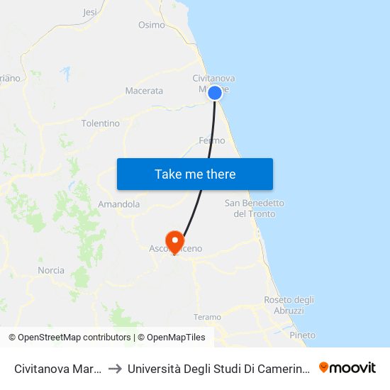 Civitanova Marche Stazione to Università Degli Studi Di Camerino - Facoltà Di Architettura map