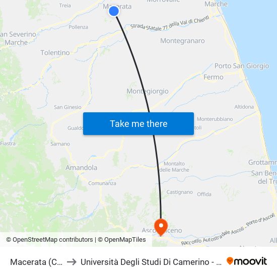 Macerata (Capolinea) to Università Degli Studi Di Camerino - Facoltà Di Architettura map