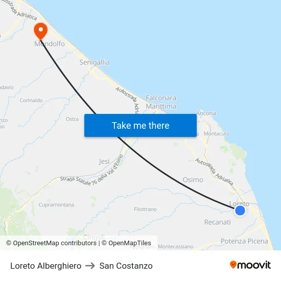 Loreto Alberghiero to San Costanzo map