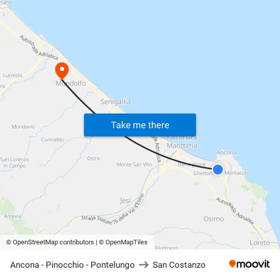 Ancona - Pinocchio - Pontelungo to San Costanzo map