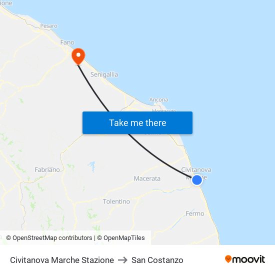 Civitanova Marche Stazione to San Costanzo map