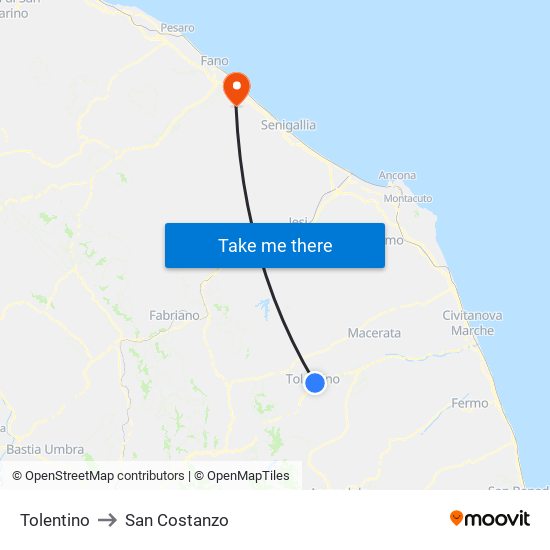 Tolentino to San Costanzo map