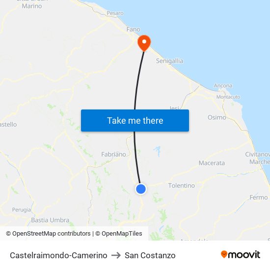 Castelraimondo-Camerino to San Costanzo map