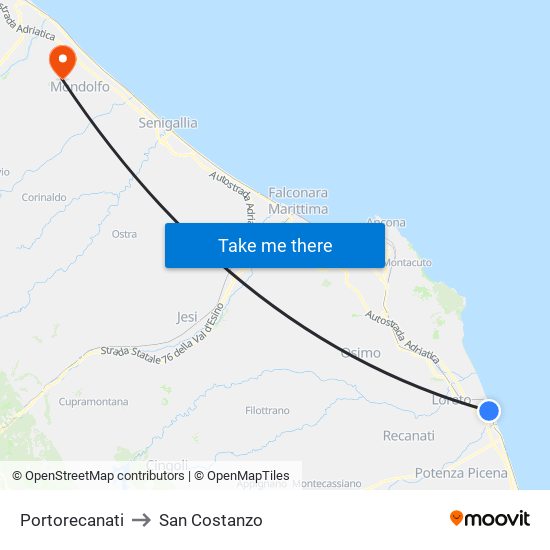 Portorecanati to San Costanzo map