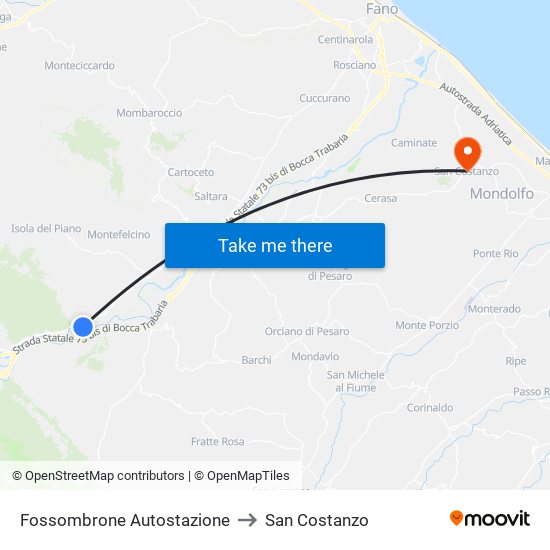 Fossombrone Autostazione to San Costanzo map