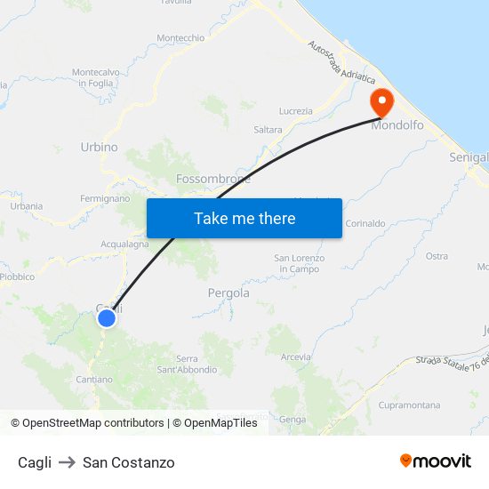 Cagli to San Costanzo map