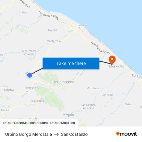 Urbino Borgo Mercatale to San Costanzo map