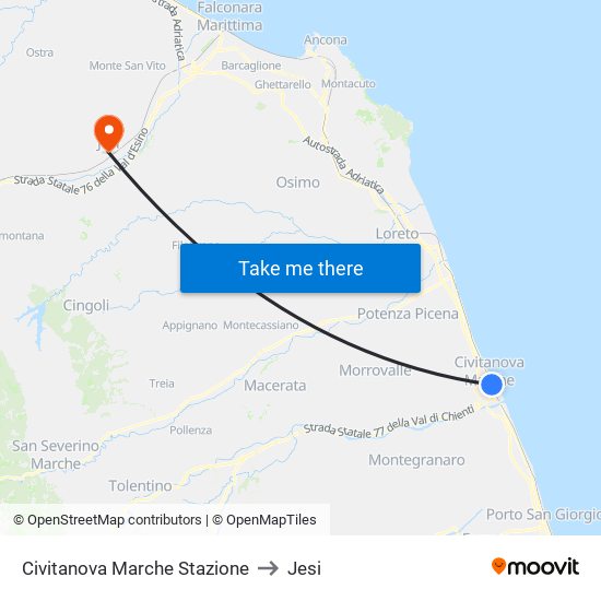 Civitanova Marche Stazione to Jesi map