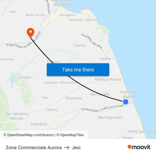Zona Commerciale Aurora to Jesi map