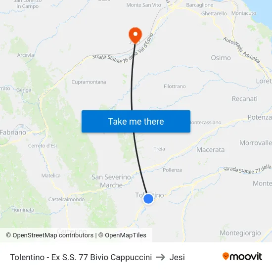 Tolentino - Ex S.S. 77 Bivio Cappuccini to Jesi map
