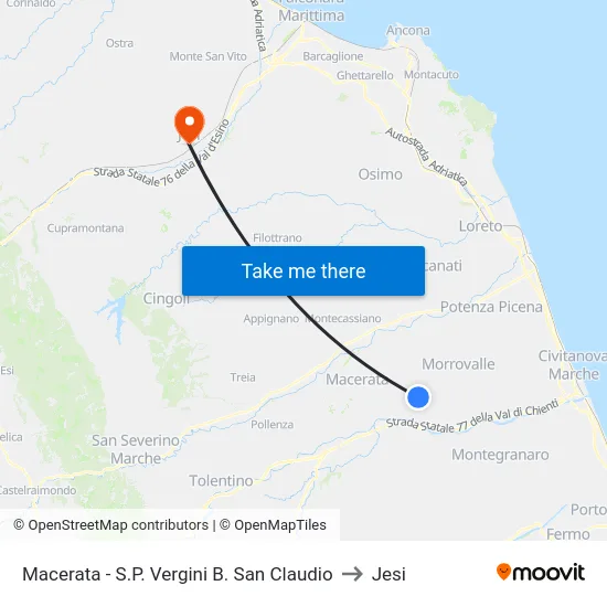 Macerata - S.P. Vergini B. San Claudio to Jesi map