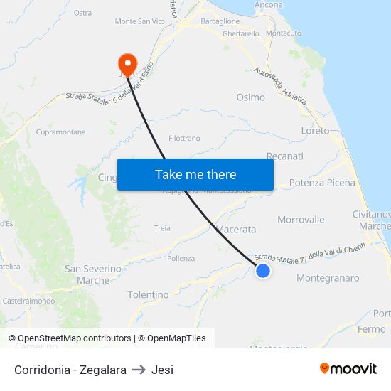 Corridonia - Zegalara to Jesi map