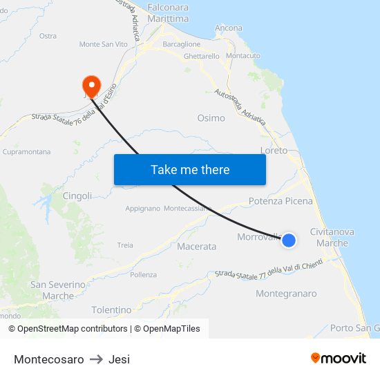 Montecosaro to Jesi map