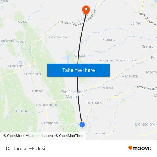 Caldarola to Jesi map