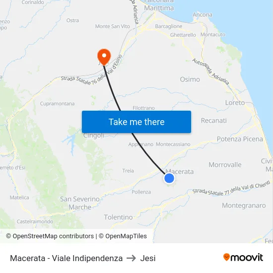 Macerata - Viale Indipendenza to Jesi map