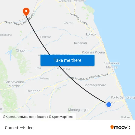 Carceri to Jesi map
